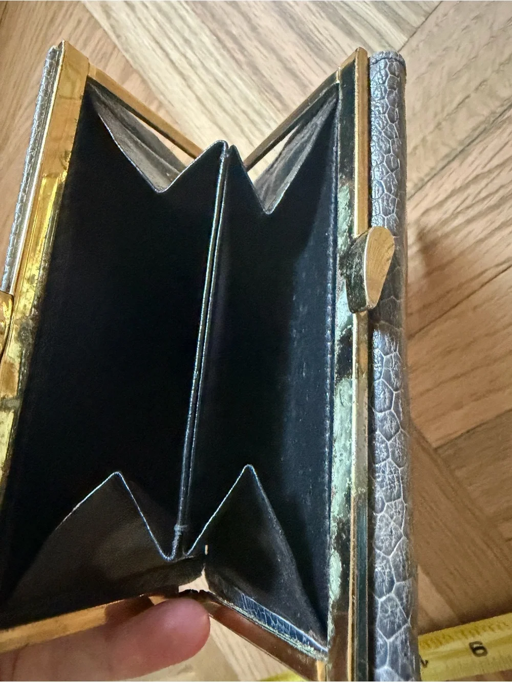 Vintage 1950s Grey Ostrich Leather Card Wallet with Gold Accent